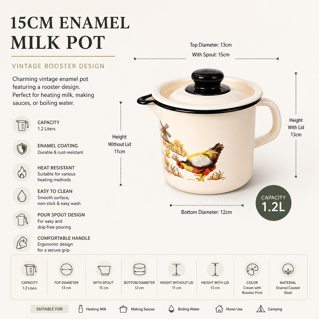 Farmhouse Enamel Milk Pot – Vintage Rooster Design | 1.2L