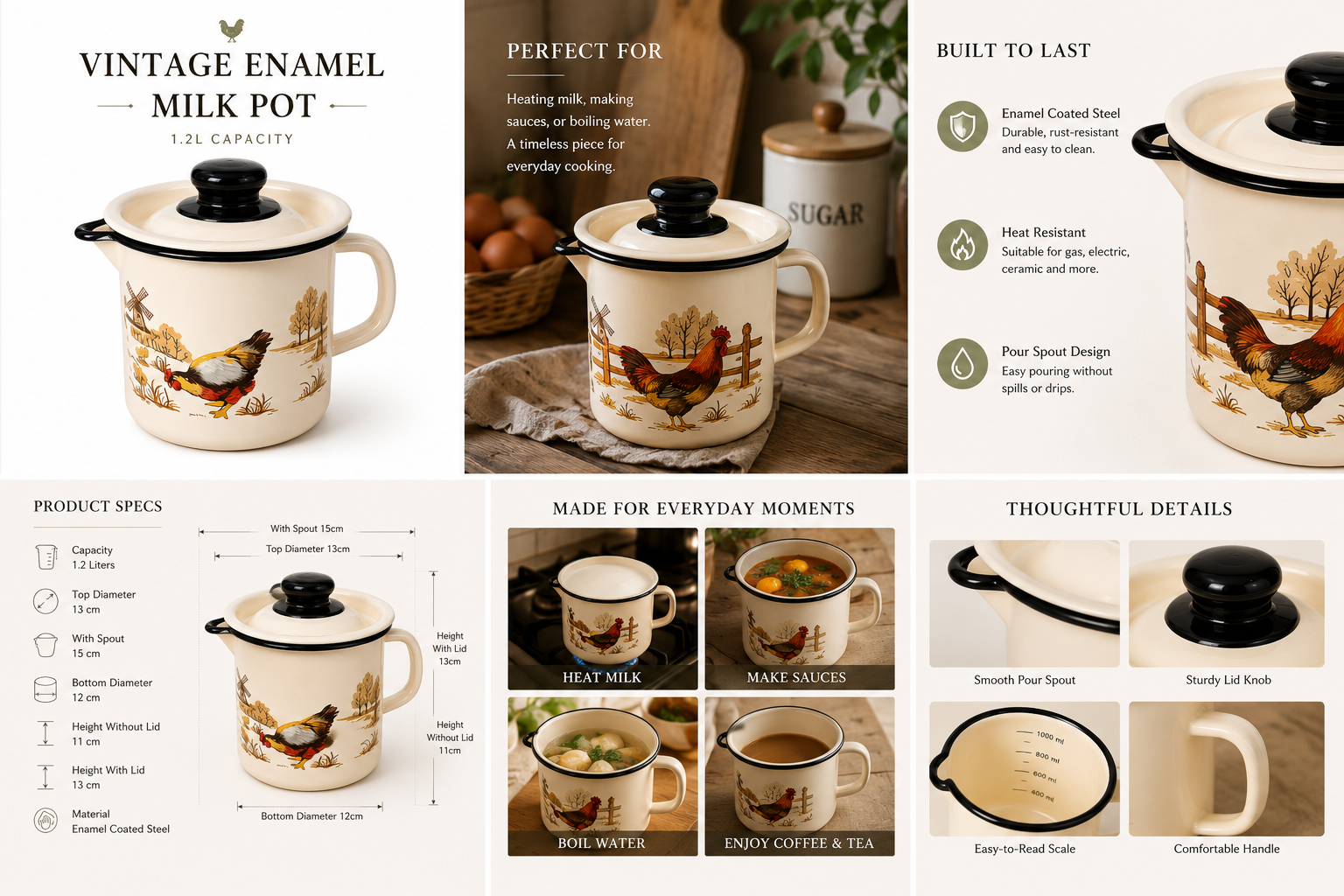 Farmhouse Enamel Milk Pot – Vintage Rooster Design | 1.2L